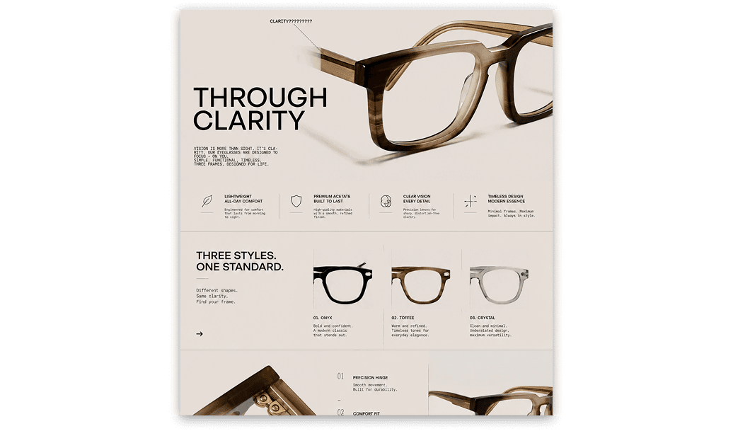 Eyewear product catalog page
