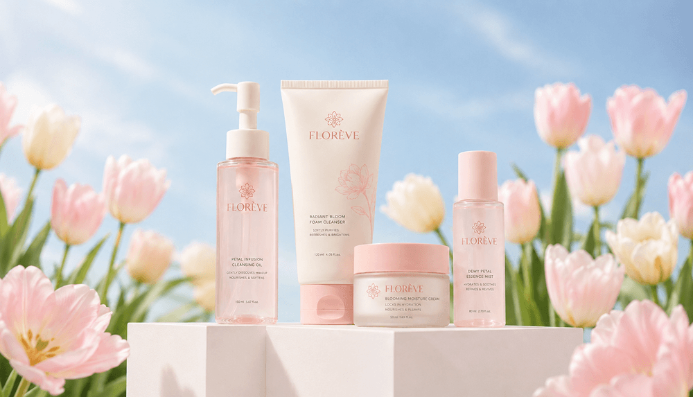 Skincare product set in a tulip field